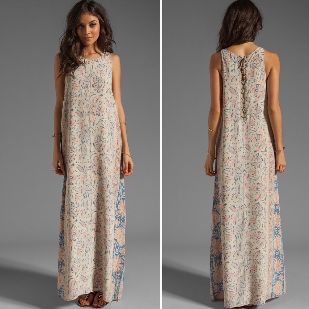Chaser Vintage Tapestry Silk Tank Maxi Dress with Lace-Up Back Detailing